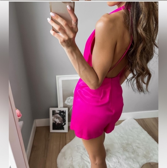 ZARA SATIN EFFECT SHORT JUMPSUIT ROMPER FUCHSIA Pink size L - Picture 10 of 12